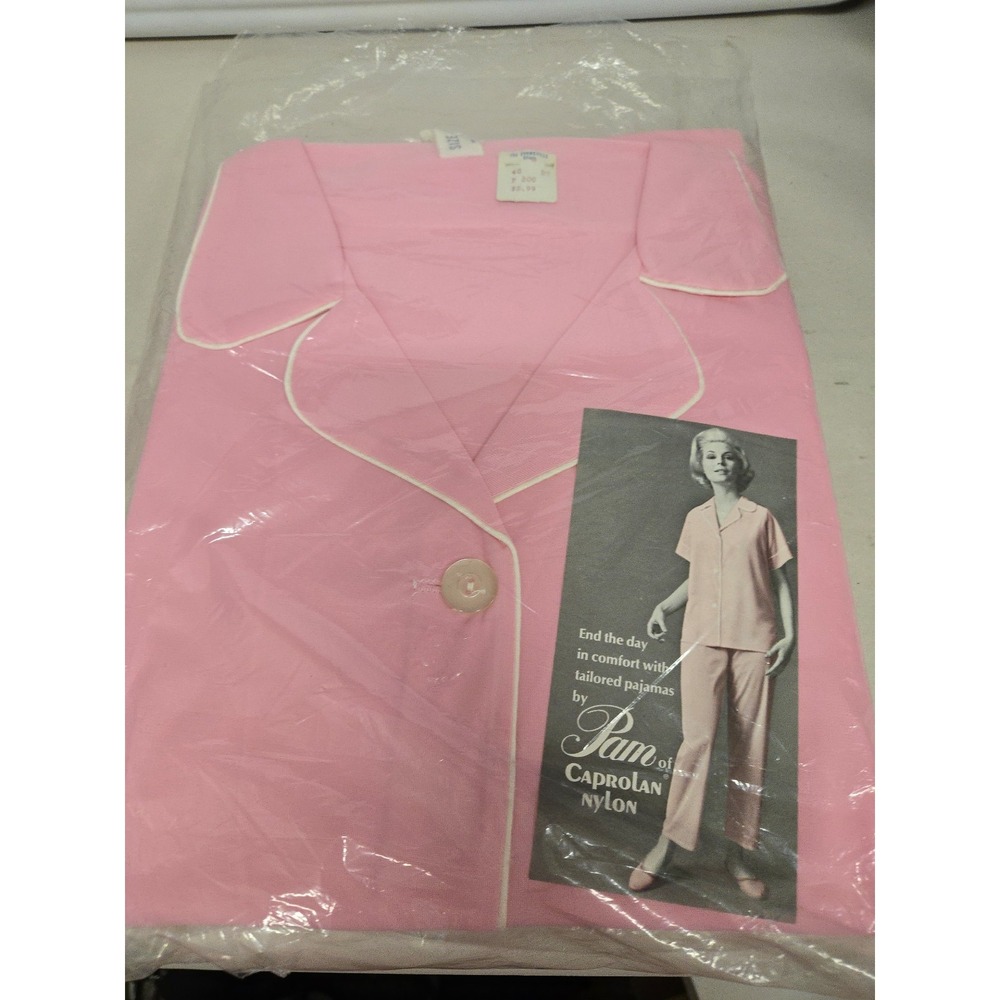 Vintage Pink Pajama 2-Piece Set White Trim NOS Unused in Original Pkg Size 36